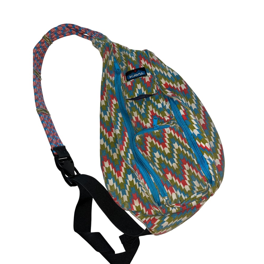 Kavu Rope Bag Sling Backpack Geometric Chevron Canvas Blue Red Green Multi